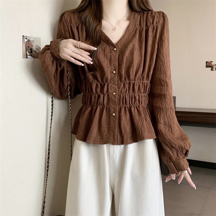 HANLIN 여자  디자인 셔츠 체형커버 편안한 오버핏 빅사이즈 여성복 봄가을 슬림핏 허리밴딩 브이넥 긴팔 럭셔리 캐주얼 싱글 상의  V151A16E