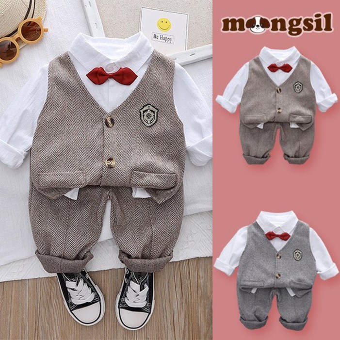 몽실이 보타이 조끼정장 3pcs세트 남아 아기 돌 촬영 의상 옷 선물 상하세트
