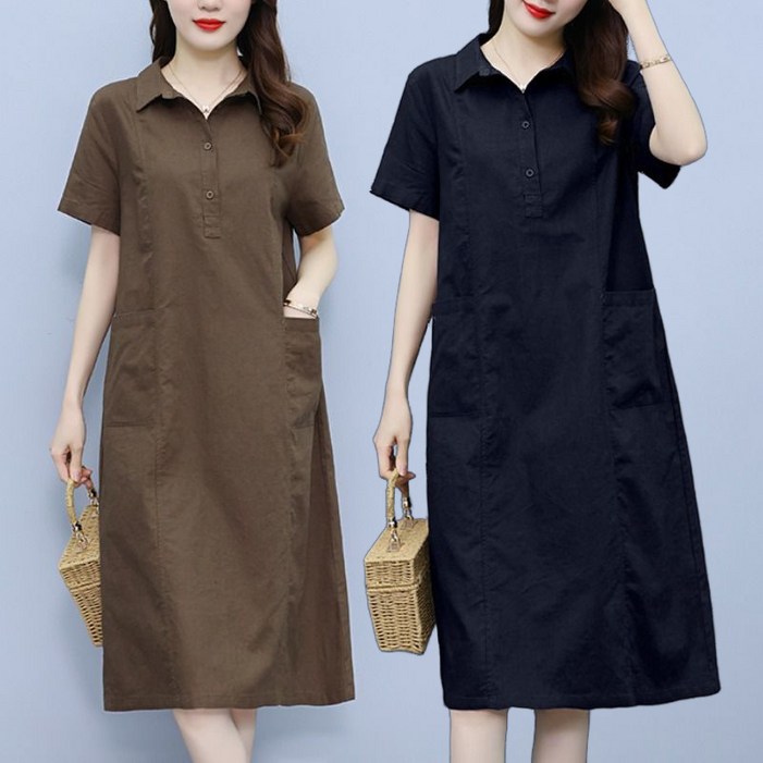 중년여성 린넨 카라 반팔 원피스 면 마 캐주얼 빅포켓 50대원피스 빅사이즈 여름원피스