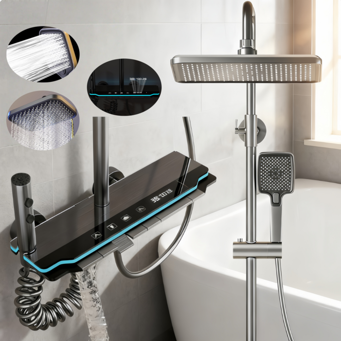 해바라기 샤워기 세트 LED 온도 표시 4단 조절 알루미늄 수전세트 스마트 샤워기 세트, 그레이, 1세트