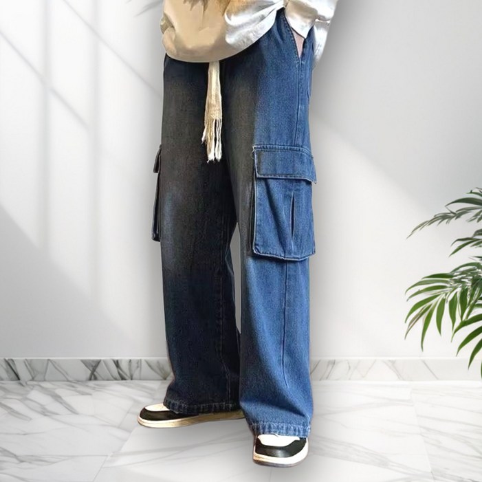 해피엘라 남자 카고 청바지 워싱 데님 스트릿 캐주얼 빈티지 팬츠 포켓 디자인