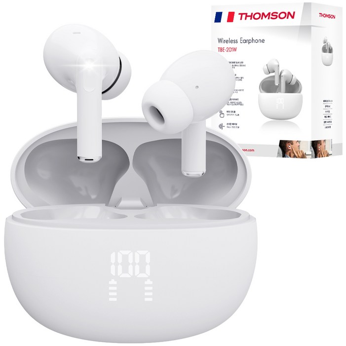 프랑스 톰슨 ENC 노이즈 캔슬링 LED 블루투스 6.0 이어폰 무선 방수, 화이트 TBE201W