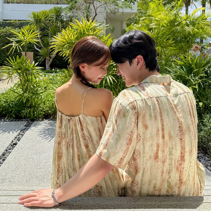 사이공 데이 휴양지 커플룩 신혼여행 여성 여름 바캉스 롱원피스 허니문 하와이안 비치룩 시밀러룩 반팔셔츠 세트 휴가 여행용 베트남 해변옷