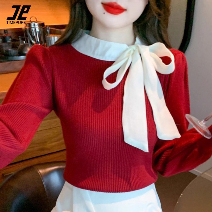 TIMEPURE 봄 가을 여성 리본 스트랩 니트 티셔츠 슬림핏 이너