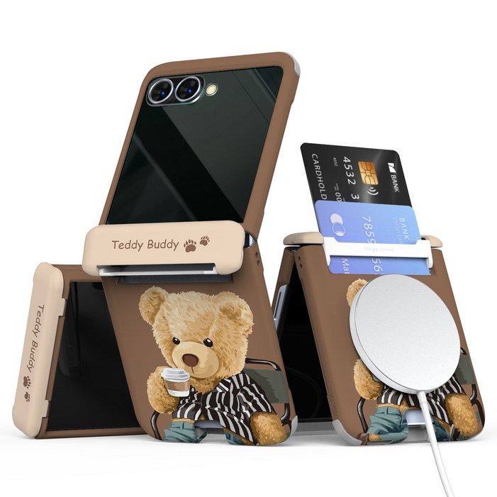 이디즌 갤럭시 Z플립 케이스 컬러 테디시리즈 귀여운 디자인 슬림 카드 2장 수납 힌지보호 충격방지 맥세이프 호환 자석내장