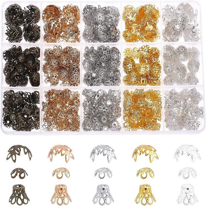 600개 12가지 스타일의 멀티 페탈 아이언 비즈 캡 꽃 모양,금색  은색