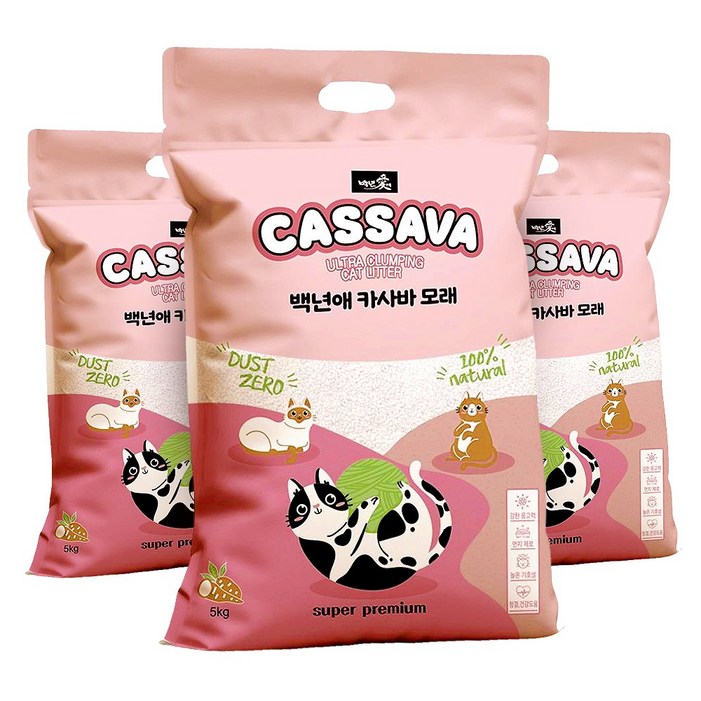 백년애 먼지없는 고양이 카사바 대용량 모래, 혼합입자, 3개, 5kg