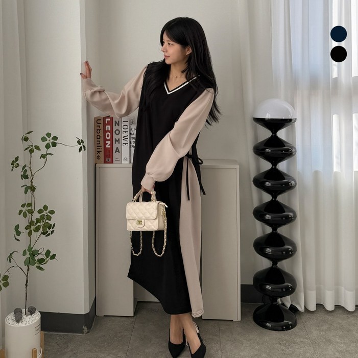 디테일웨어 여성 포카리 요꼬 배색 브이넥 롱원피스 임부복 간절기 긴팔원피스 하객룩 스트랩 단정한 오피스룩