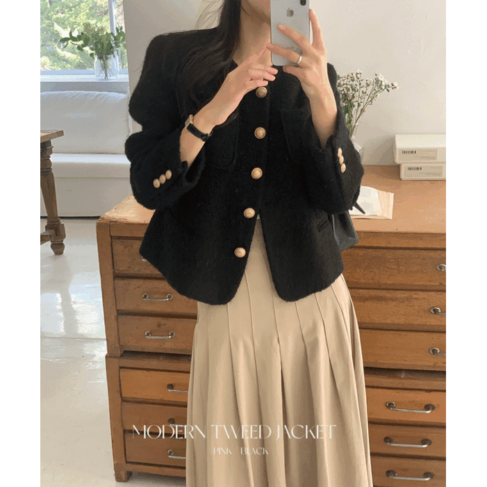 자체제작누빔추가 루어스룸 센느 여성 겨울 자켓 울80 금장버튼 트위드자켓 숏코트 울 자켓