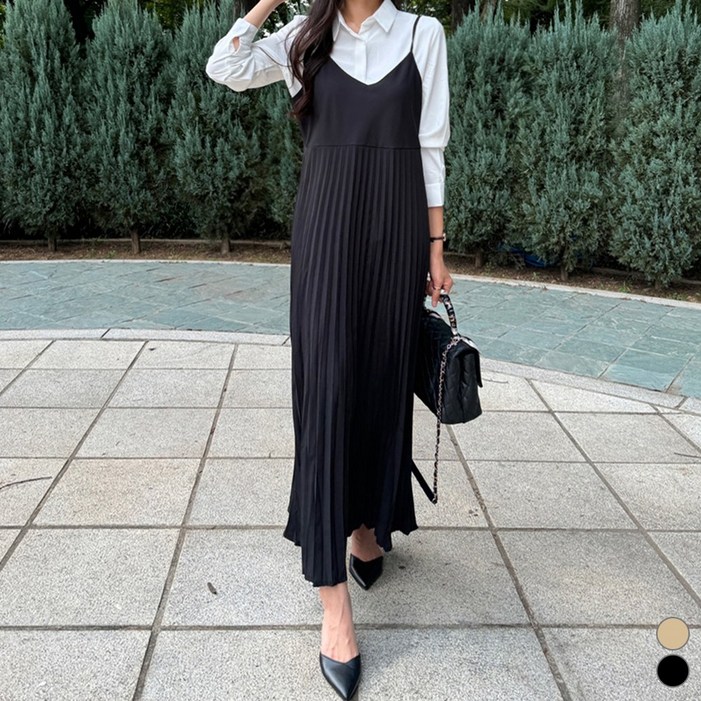 끌로이 여성 뷔스티에 롱 원피스 플리츠 나시 스커트 레이어드 하객룩 데이트룩 봄 가을
