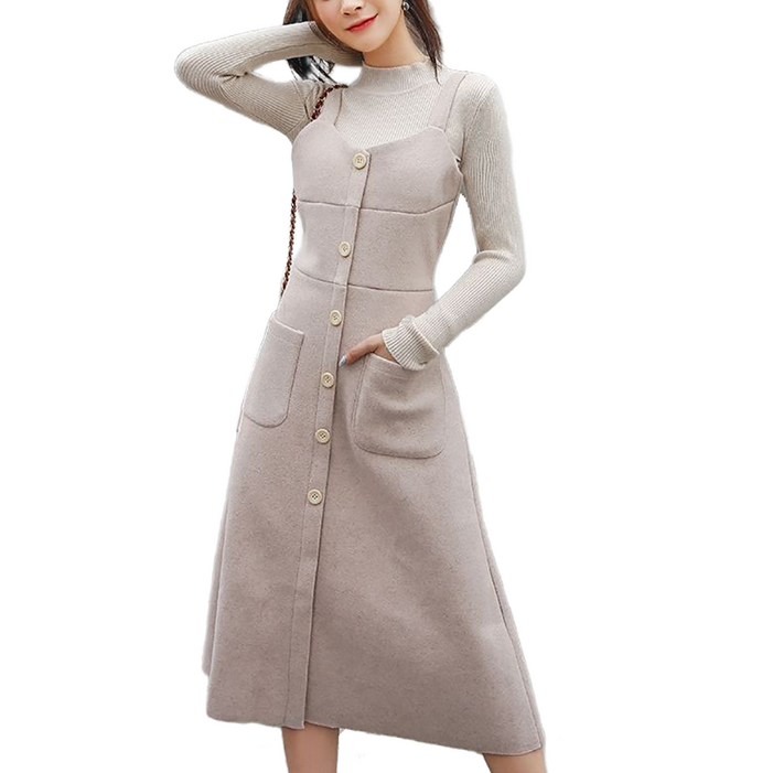 셀럽당 여성 모직 멜빵 원피스 미디 레깅스멜빵 스커트 투피스