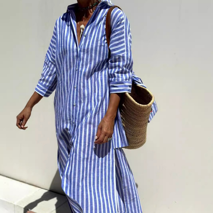 내추럴 유럽풍 루즈핏 스트라이프 셔츠 원피스