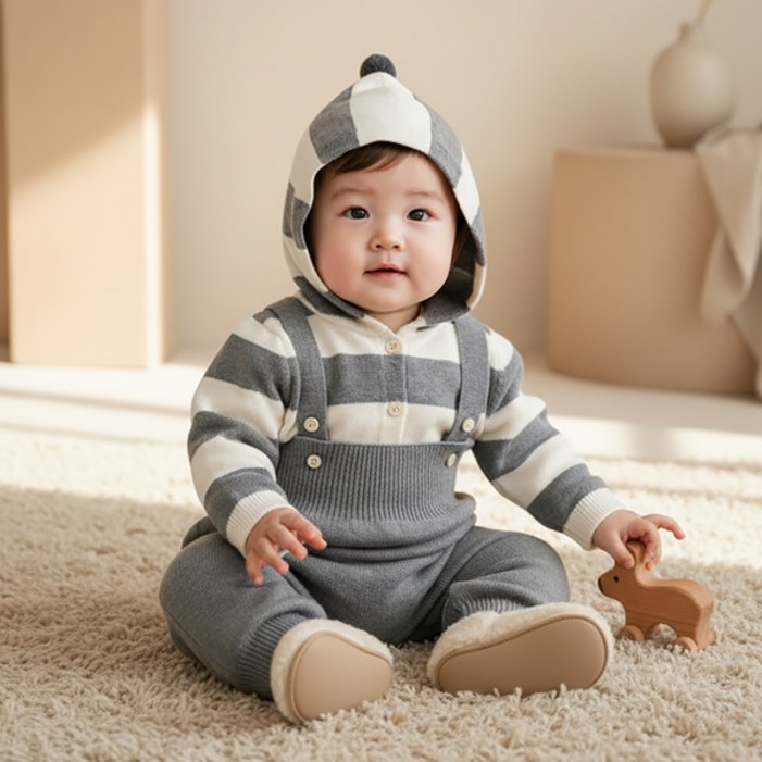 몽실이 방울 후드 니트 멜빵세트 유아 아동 상하복 외출복 멜빵 우주복