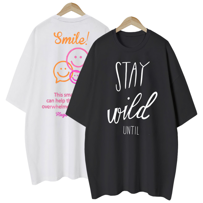 엠제이스타 11 여성 이모티콘 언틸 여름 반팔 루즈핏 롱 프린팅 티셔츠 2P