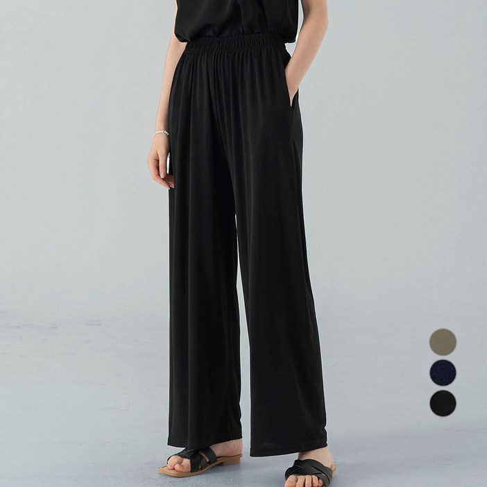 ELLE Paris 여성 에어리 찰랑 와이드 밴딩 팬츠