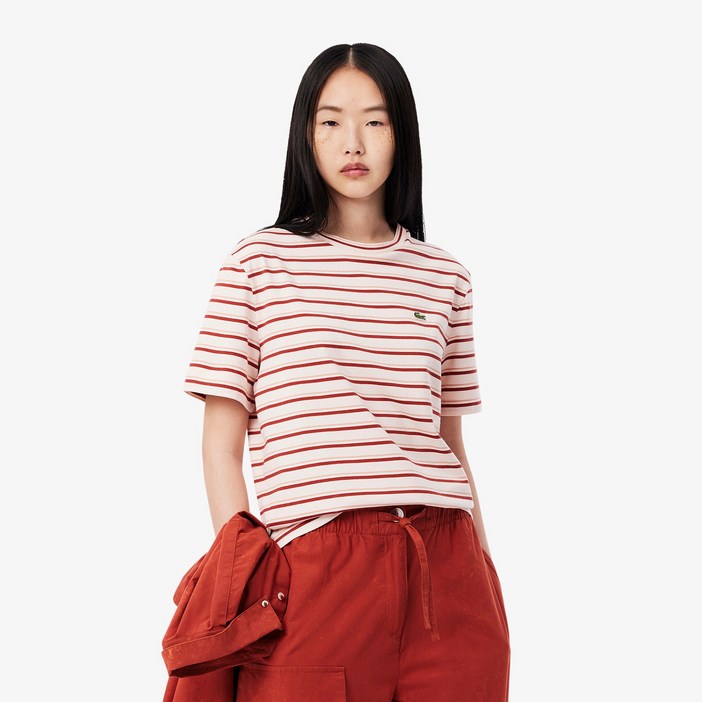 라코스테 여성용 통기성 멀티 스트라이프 반팔 면 티셔츠 TF0352-55G