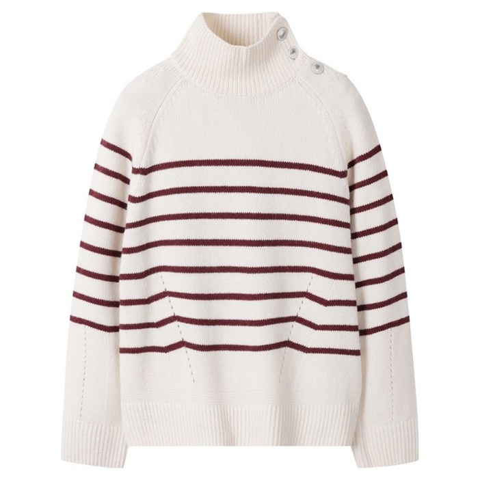 씨씨콜렉트 여성용 버튼업 하이넥 스트라이프니트