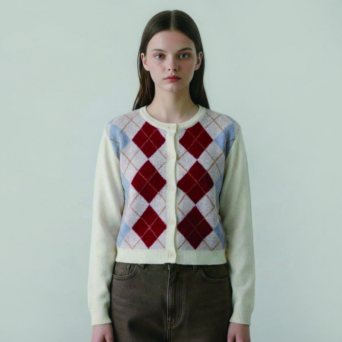 올리브데올리브 여성용 아가일체크 배색 라운드 니트 가디건