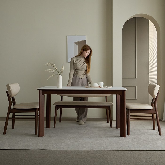 웰퍼니쳐 마르스 세라믹 원목 식탁세트 4인용 방문설치, 월넛, 일반 2  벤치 1