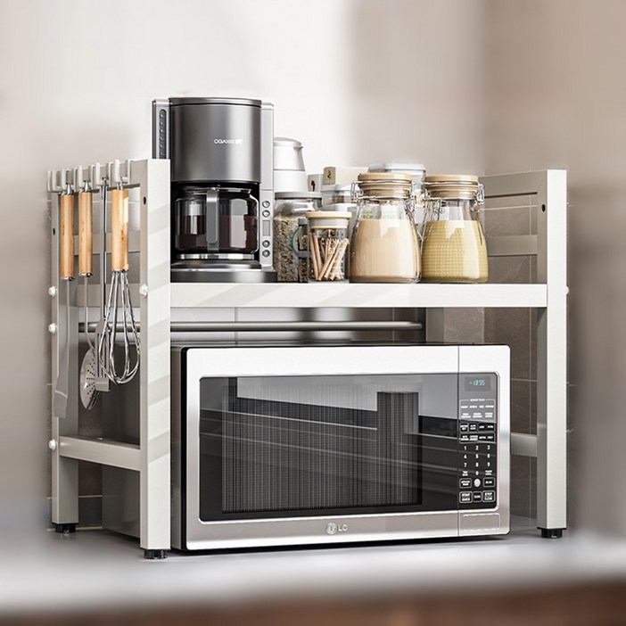 오브민 길이조절 높이조절 전자레인지 선반 + 후크 6p 세트, 화이트, 1단