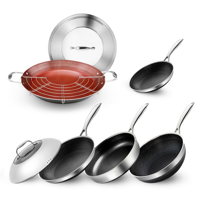 쿡셀 인덕션 7세대 세라믹 블랙에디션 프라이팬 세트 8개, 혼합색상, 프라이팬 5종  복합뚜껑 2종  스트레이너, 1세트