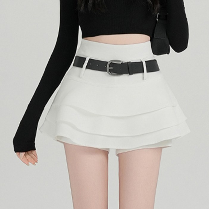 어썸풀 여성용 크로퍼드 프릴 벨트 치마 바지 A26SPP012730