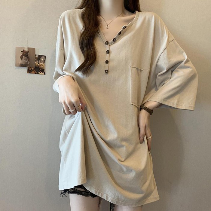 엘쏘 여성용 빅사이즈 오버핏 반팔 롱 티셔츠