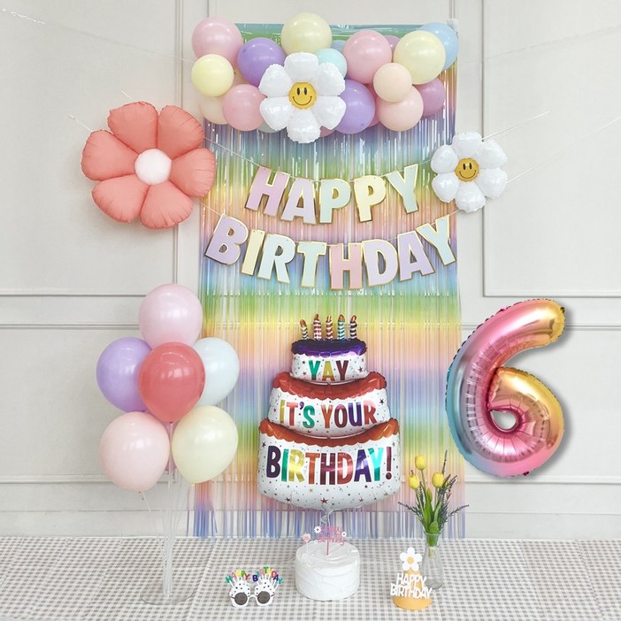 연지마켓 마카롱 풍선 생일 가랜드 케이크 데이지 파티 커튼 세트, 1세트, 07 레인보우숫자 6