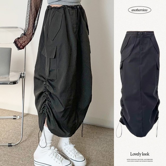 어나더뷰 2596 [허리조절] 바스락 셔링 카고 롱 스커트 롱치마 스트링 옆셔링 나일론 치마 고프코어