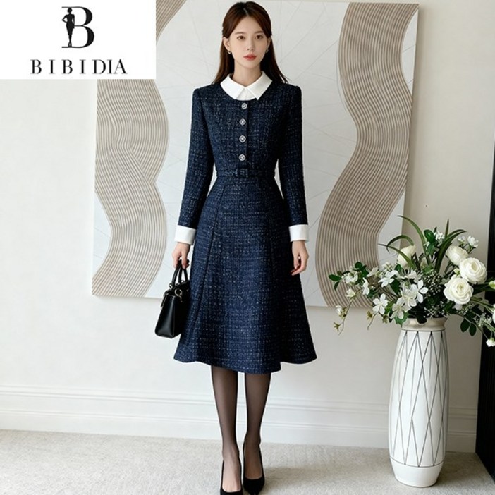 비비디아 여성 봄가을 오피스룩 배색 슬림 원피스 정장 스타일 미디 드레스 출근룩5576