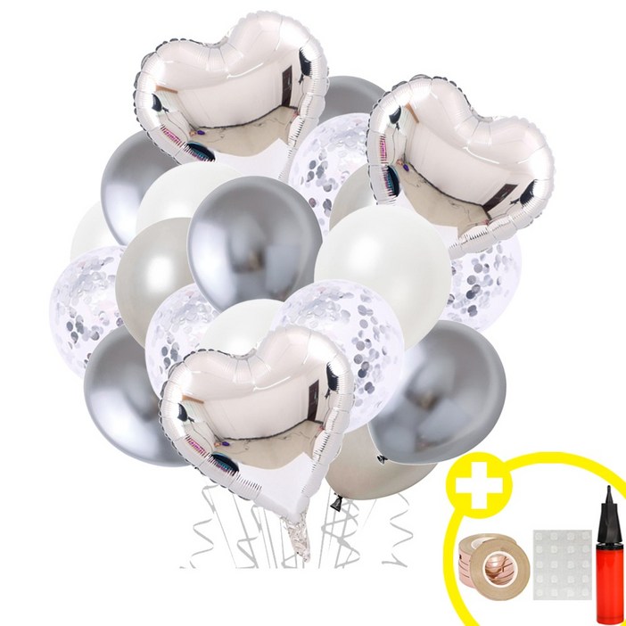 웨딩촬영 소품 풍선 파티용품 세트 하트풍선 스타풍선 크롬 메탈 컨페티 혼합풍선 발표회 인생샷 포토존 연출템 15옵션 파티용품세트 에브리띵스마일 1168, 1세트, 하트 실버