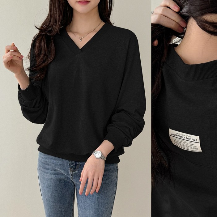 데일리앤 하인트 여성 루즈핏 나그랑 라벨 패치 브이넥 긴팔 쭈리 맨투맨 티셔츠 봄 가을 간절기