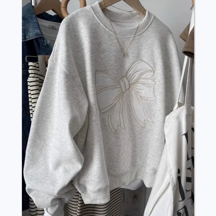 POMTOR 여성 오버핏 라운드 맨투맨 리본 루즈핏 롱 티 셔츠