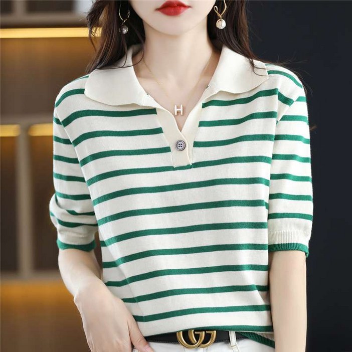 더벨러리 여성 여름 스트라이프 카라 반팔 니트 티셔츠 BCK1727 단가라 줄무늬
