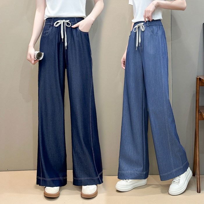 맵시난다 여성 청바지 스티치 밴딩 썸머 청 와이드 데님 팬츠 PT2