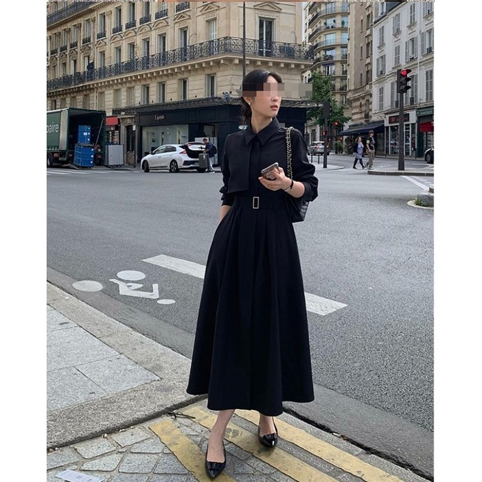 레이디 매직(lady magic) 여성 정장핏 트렌치형 긴팔 셔츠 롱 원피스