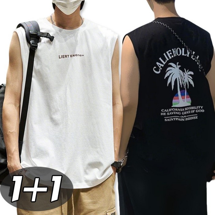 별하늘 11 남성 여름 스판 캐주얼  민소매 냉감 프린트 오버핏 라운드  티셔츠 2P