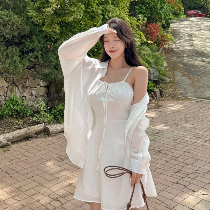 떳다그녀 소피넬 셔츠 드레스 투피스 A라인 나시 바캉스룩 리본 셔링 오버핏 블라우스 미니원피스 세트
