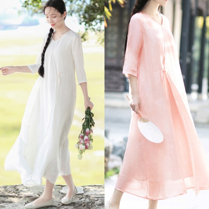 완전 편한 빅사이즈 여성 면마 랩 레이어드 버튼 원피스 여름 편한 심플 모던 빈티지 단아한 찰랑 박스 날씬해보이는 핏 예쁜 캐쥬얼 얇은것 라운드넥 하객룩 결혼식 플레어 원피스