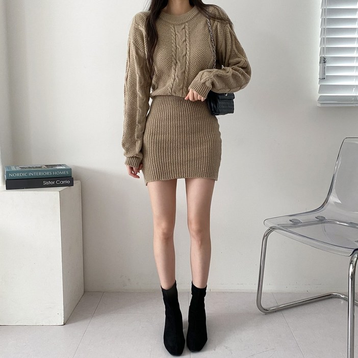 요시아나 당일발송 블랑슈 꽈배기패턴 슬림 니트 미니 원피스 3컬러