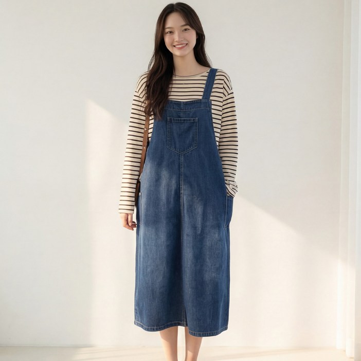 티엘버 D120-7 여성 데님 오버핏 롱 멜빵원피스 포켓 캐주얼