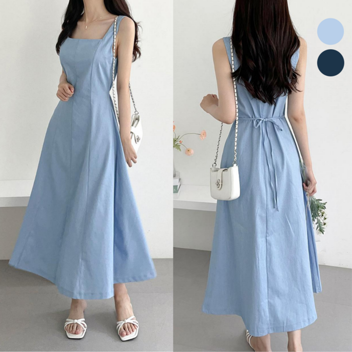 핏몬 여성 슬림 뷔스티에 린넨 데님 멜빵 여름 나시 롱 원피스