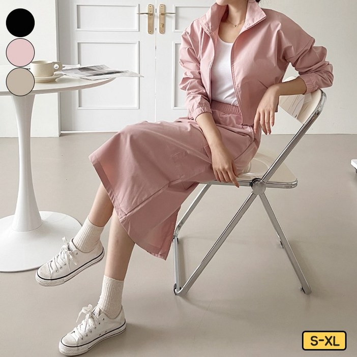 바비팩토리 여성용 아노락 긴팔 바람막이  밴딩 롱스커트 치마 상하의 세트 빅사이즈까지