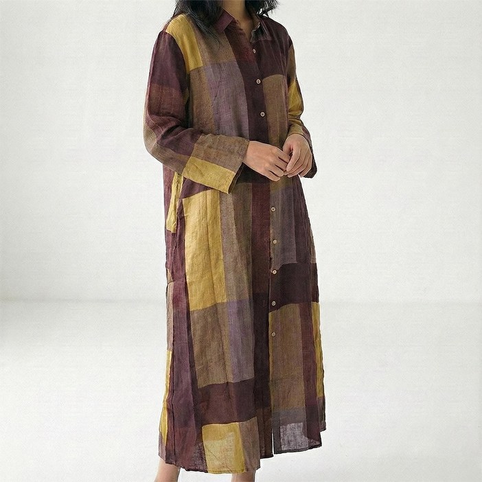 UPPERCUT 여성 오버핏 컬러블록 맥시 셔츠원피스 빅사이즈 롱원피스 레이어드 셔츠형 로브