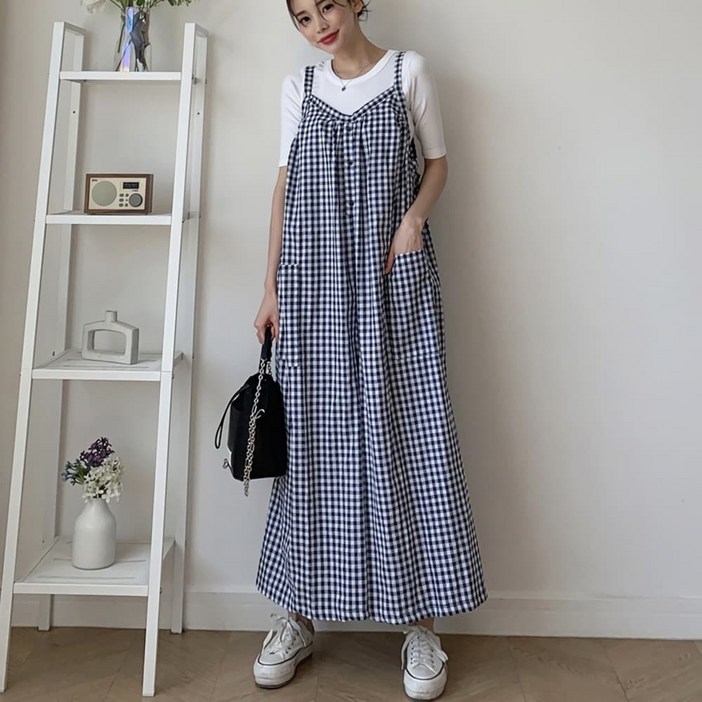 여성 데일리 점프수트 슈트 팬츠 나시 체크와이드