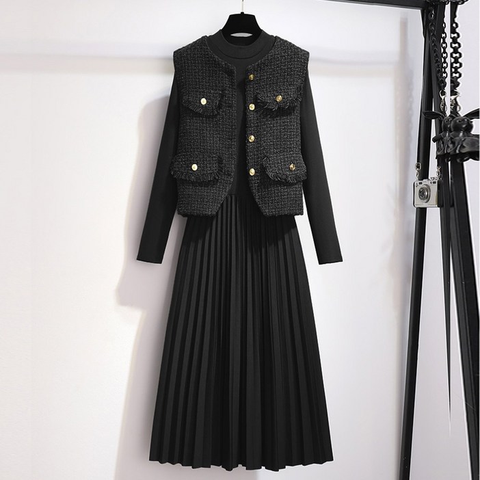 웨일쓰 여성 겨울 정장 치마세트 트위드 자켓 조끼 플리츠 원피스 세트 하객룩 오피스룩 빅사이즈 가을 원피스 투피스