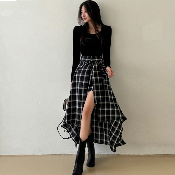 떳다그녀 프리츠 타탄체크 매듭 반바지 레이어드 롱스커트 언발 A라인 유니크 치마바지