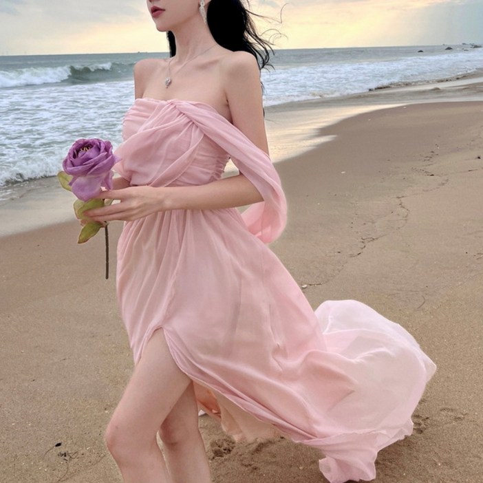 해변룩 촬영룩 셀프웨딩 여신룩 바캉스룩 동남아룩 비치 샤랄라 오프숄더 롱 원피스 드레스 124111401