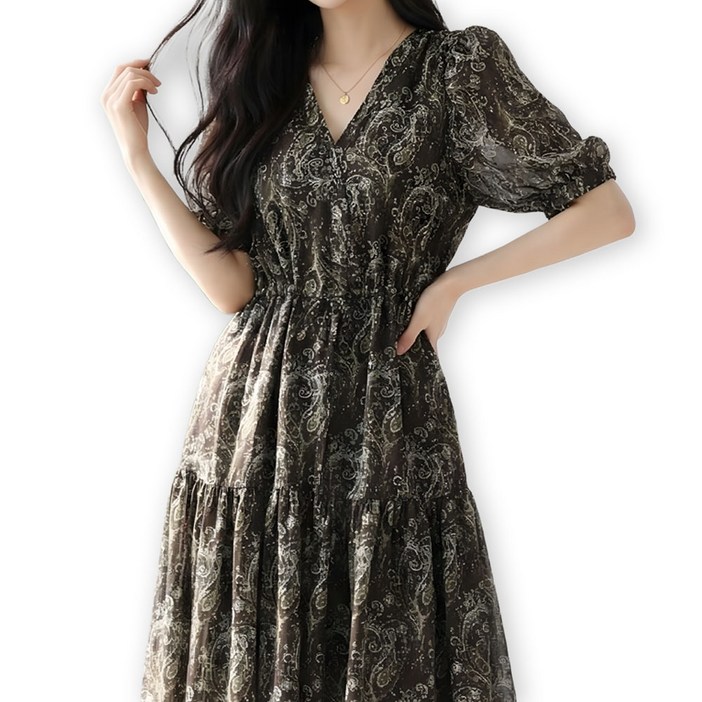 메리앤유 페이즐리 랩 스타일 브이넥 반팔 쉬폰 롱 원피스