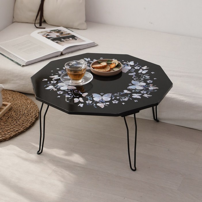 나전칠기 프린팅 레트로 테이블 찻상 자개아트, 나비문양 십각